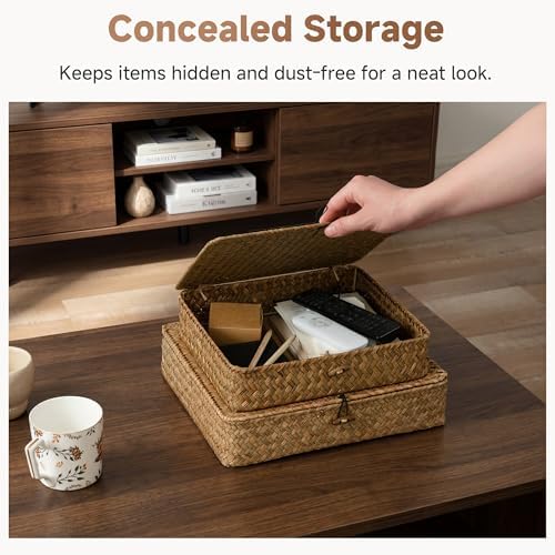 StorageWorks Wicker Basket with Lids, Seagrass Wicker Storage Bins with Lid