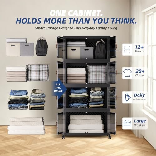 SAILUN 674QT/168Gal Stackable Storage Bins with a Lid, Collapsible Storage Bins With Doors, Folding Cabinet for Home Closet Organization,4 Pack-30 W x 19.7" D x 65.9" H Black