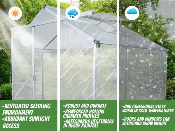 Aluminum Greenhouse for Outdoors, 6 x 10 FT Polycarbonate Walk-in Greenhouse with Quick Setup Structure and Adjustable Roof Vent, Silver