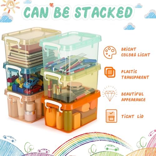 Wenqik 6 Pack Colorful Plastic Storage Bins with Lids, Pastel | 4 Quart Clear Plastic Small Bins, Stackable Nestable, Latching Buckles, Kids Toy Sorting Playroom, Craft Supplies Storage