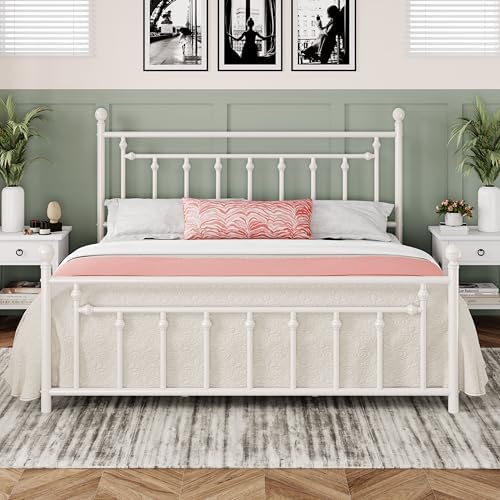 Allewie 14'' King Size Metal Platform Bed Frame, Vintage Headboard, White