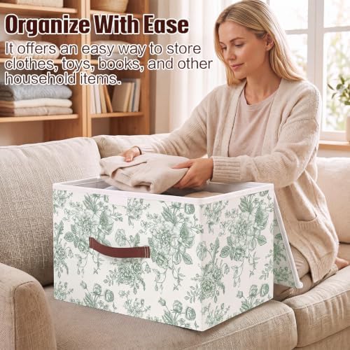 2 Pack Green Floral Storage Bin with Lids, 17x11x12 Inch