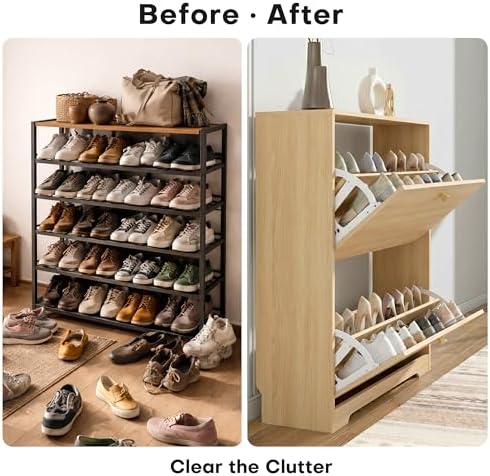 Nicetree Shoe Cabinet with 2 Flip Drawers, Entryway Storage, Natural Oak
