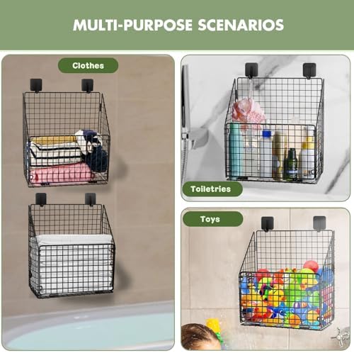 Greentainer Bath Toy Storage Organizer, Large Foldable Bathtub Toy Holder with Drainage, No Drill Adhesive Wall Mounted Rustproof Metal Wire Basket for Bathroom Tub & Shower Toys