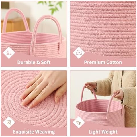 Laundry Basket Hamper Tall Rope Storage Woven for Blanket toys Dirty Clothes in Living Room Bathroom Bedroom (Pink, 80L/21.3Gal)
