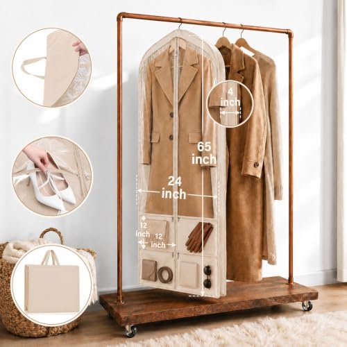 Tranqun 2 Pack 65" Long Wedding Garment Bags for Gowns Dress, Clear, Khaki