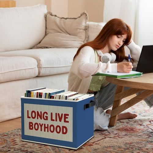 Red Long Live Boyhood Boys Storage Bins Box with Handles, Blue Pattern Collapsible Basket Organizer for Kids Boy Nursery Room Bedroom Bathroom Playroom Books Clothes