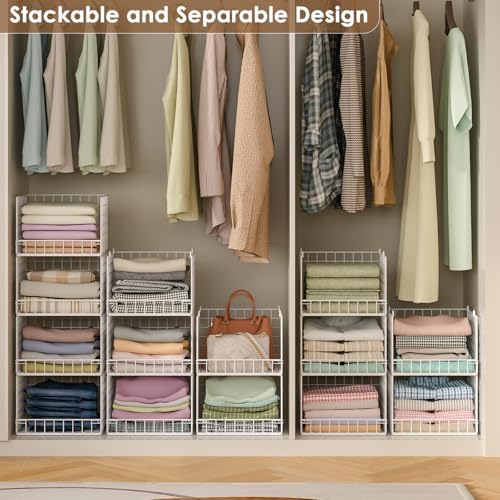6-Tier Stackable Closet Organizers and Storage Baskets, Closet Shelf Organizer for Small Space, Space-Saving closet organizer system, Foldable Clothes Storage Bins for Closet Organizer System, White