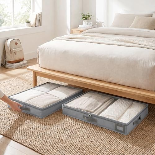 4" Low Profile Under Bed Storage Bins (2-Pack, Charcoal Grey), Slim 600D Oxford Organizer Containers with Matching Vegan Leather Handles & Clear Window, for Shoes, Clothing & Under-Sofa Storage