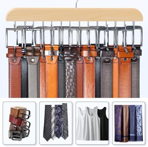 Belt Organizer with 14 Hooks, Sturdy Wood Belts Rack Closet Accessories