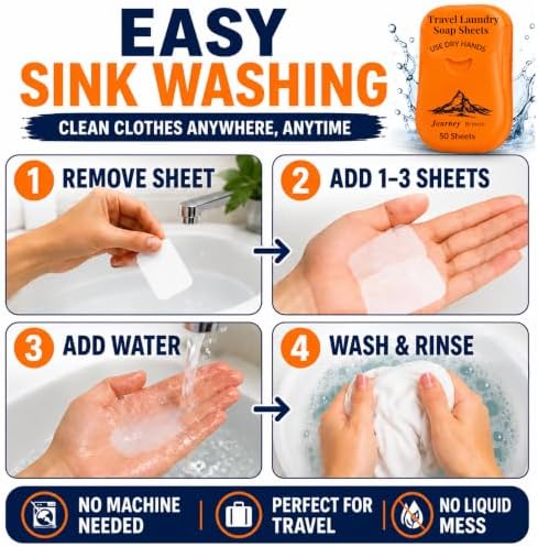 Travel Laundry Detergent Sheets and Travel Clothesline – Laundry Detergent Sheets 50-Count + Portable Clothesline for Hotels, Cruises & Camping, Compact Sink Laundry Set for Trips & Small Spaces