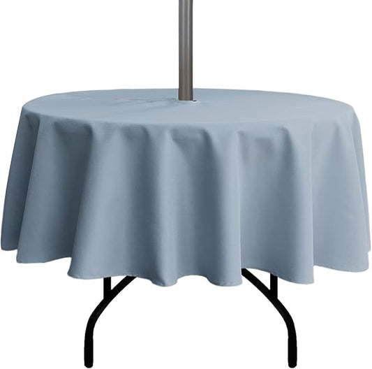 Outdoor Tablecloth Wrinkle-Free Stain Resistant Waterproof Polyester Fabric Table Cover with Zipper Umbrella Hole for Picnic/Party/Dinner/Patio Garden(70inch Round,Zippered,Blue Fog)