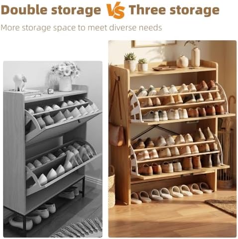 Shoe Storage Cabinet for Entryway, 2 Flip Drawers with 3-Tier Rack Each, 6-Layer Total Storage, Narrow Shoe Cabinet with Linen Panel, Slim Wood Shoe Organizer Closed Shoe Rack for Hallway,Small Spaces