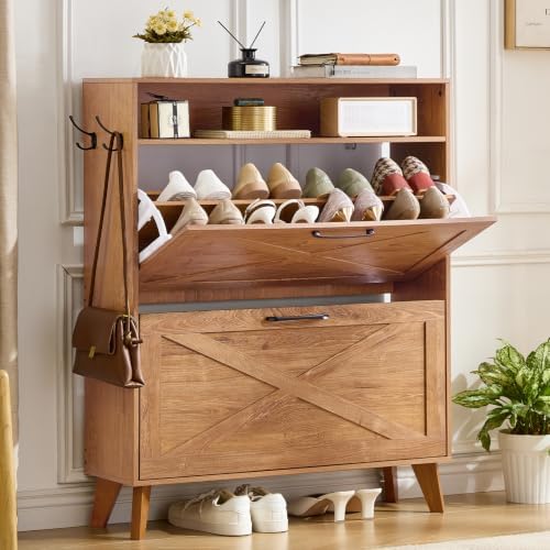 Joaxswe Narrow Shoe Cabinet with 2 Flip Drawers for Entryway,Tea Brown