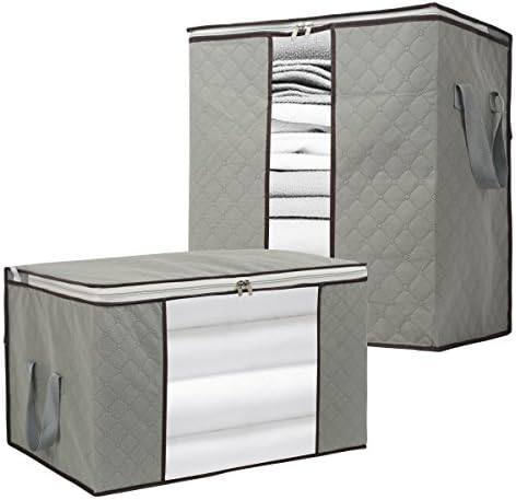 Szxc 2 Pack Foldable Large Storage Bags - Horizontal + Erect for Comforter Blanket Quilt Clothes Pillow, Clear Window & Handles, Closet Under Bed Organizer