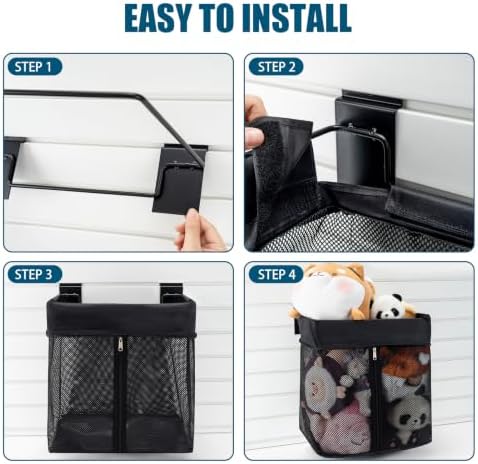 Slatwall Accessories Set: Metal Basket, Mesh Basket and Hooks | Heavy-Duty Slat Wall Organizer Kit for Garage Storage, Wire Basket, Mesh Basket with Zipper and Hooks Wide Assortment