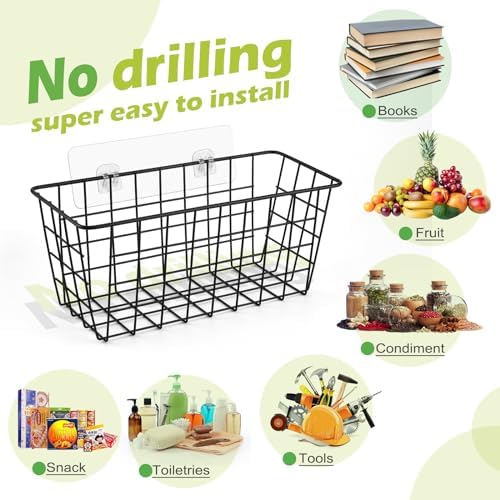 ZUSHALLMY 2 Pack Wire Baskets for Wall, No Drill Adhesive Kitchen Storage | 11 x 4.72 x 4.72 in wall storage baskets with large adhesive strips for kitchens, bathrooms, pantries, RVs or cabinet doors