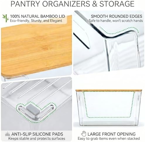 CiWiVOKi 6 Pack Clear Stackable Storage Bins with Bamboo Lids, Trash Bag Holder Dispenser Under Sink Organizer for 4-13 Gal Bags, Plastic Storage Containers for Pantry Bathroom Kitchen Organization