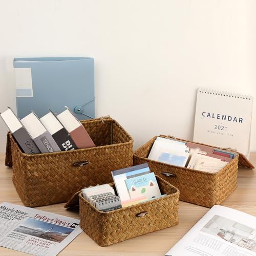 Sumnacon Wicker Basket with Lid,Tampon Holder for Bathroom,Caramel,Medium | Natural Seagrass Female Product Organizer for Toiletries Pad Tampon Storage,Farmhouse Woven Baskets for Shelf, Toilet Tank