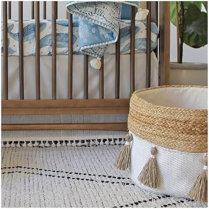 Crane Baby Fabric Round Nursery Storage Basket, Cotton & Jute , 13" x 12" | Toy Storage, Toy Organizer, Baby Storage Organizer, Toy Bins