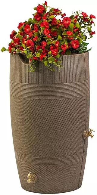 Decorative Rain Barrel with Planter, Impressions Havana, 50 Gallon, Unique Multi-Directional line Texture, Brass Spigot, Water Collection Tank,Khaki Granite. (Khaki Granite, Set of 2)