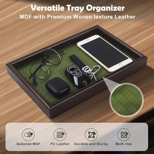 Wooden Valet Tray with Leather Base - Nightstand Catchall Organizer for Cologne, Perfume, Keys, Wallet, Phone, Watch, Jewelry & Sunglasses (Green)