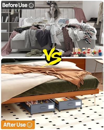 Under Bed Storage With Wheels, 2 Pack Square Containers, 60L Bins, Rolling Metal Drawer for Clothes, Blankets, Shoes