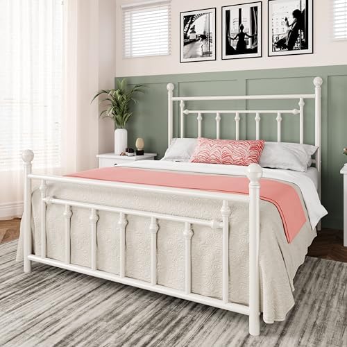 Allewie 14'' Full Size Metal Platform Bed Frame, Vintage Headboard, White