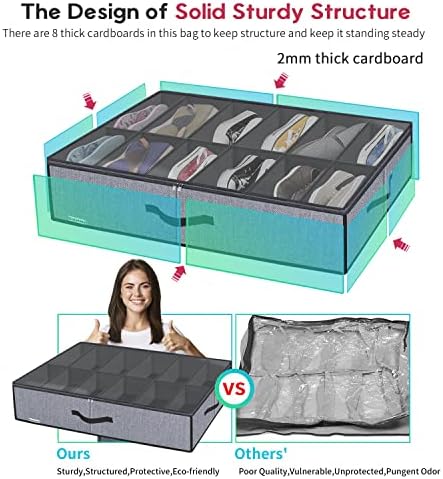 Onlyeasy Large Under Bed Shoe Organizer (6 to 12 Pairs x 2) - Underbed Shoes Closet Storage Solution with Metal Zipper and 2 Handles, Breathable, 29.3"x23.6"x5.9", Linen-like Grey, MXDUBSB2P
