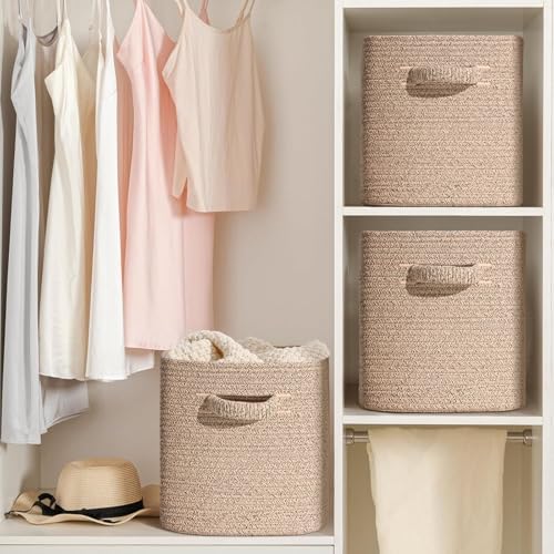 12 Inch Storage Cubes, 3 Pack Cube Storage Bins for Organizing, Cotton Rope Woven Baskets for Shelves, Bathroom, Kids Room, Closets, Baby Nursery