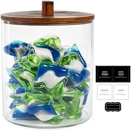 Amolliar 78oz/0.6Gal Clear Acrylic Laundry Pods Container (Dark Wood) | Laundry Room Organization, Detergent Container with Dark Wood Lids & 27 Labels for Bathroom/Kitchen Organizer