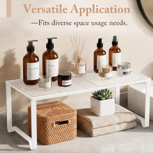 Extendable Metal Wire Shelf Organizer - Adjustable 15-24.4in Length, Stackable Storage Rack for Kitchen/Pantry/Bathroom/Shoe Cabinet/Tool Closet (2, White)