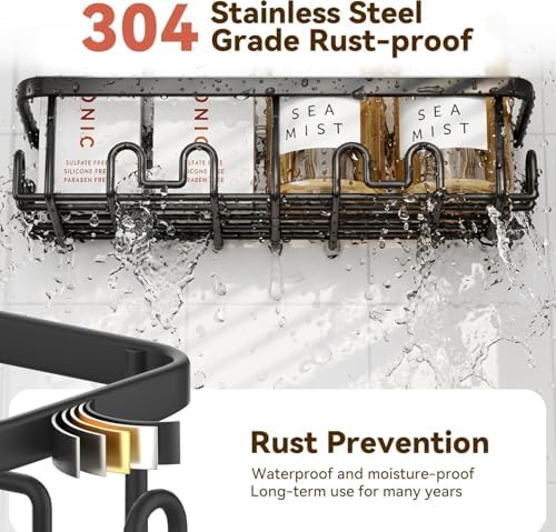 YASONIC Shower Caddy Adhesive, Rustproof Shower Organizer, Wall Shower Rack | Large Capacity Shower Shelves for Inside Shower, Shampoo Shower Holder, Black, 3 Caddies, 1 Soap Dish, 1 Toothbrush Holder