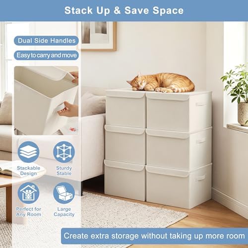 Bagnizer Large 22 Quart [4-Pack] Linen Fabric Foldable Storage Bin Cube Organizer Basket with Flip-Top Lid & Handles, Clothes Blanket Box for Home, Office, Closet (14.6 x 9.5 x 9.5, Beige)