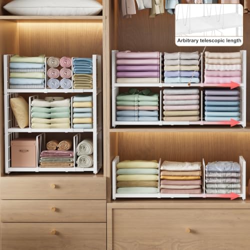 2-Pack Closet Organizers Stackable Clothing Storage Shelves, Expandable Clothes Shelf with Adjustable Divider Keeps Jeans Shirts Sweaters T-Shirts Tidy, for Bedroom RV Wardrobe System, White