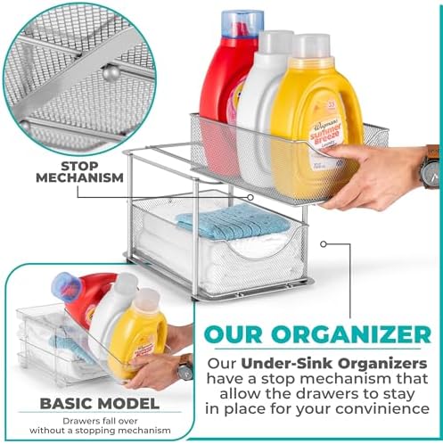 Sorbus Pull-Out Under Sink Organizer, Mesh Construction (Silver, 1 Pack) | Two-tier metal organization with strong steel and sliding drawers for bathrooms, kitchens, cabinets, closets and pantries.