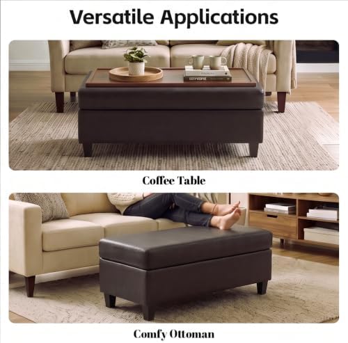 GENTEACO 45" Ottoman Coffee Table with Storage, Reversible Wooden Tray Top, Large Leather Upholstered Ottoman, Hidden Storage Foot Rest Bench for Living Room, Bedroom, Entryway,Dark Brown