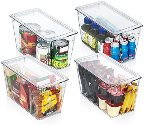 ClearSpace Plastic Storage Bins with Lids for Pantry & Fridge, 4 Pack | Modern plastic storage bins with lids for pantry and refrigerator organization, 9L capacity, transparent rectangular shape