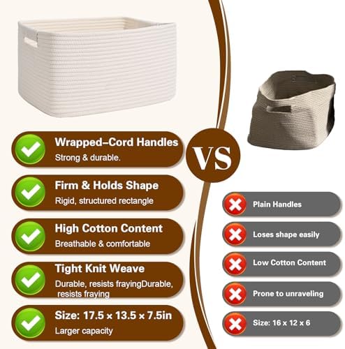 2 Pack Large Storage Basket for Organizing, 17.5"x13"x7" Woven Basket for Shelves, Closet Cube Storage Bins with Wrapped Handle, Cotton Rope Baskets for Kitchen, Clothes, Toys(Off White)
