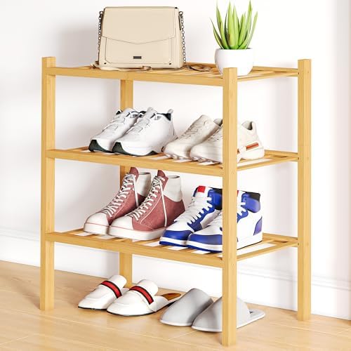 Smiry Bamboo Shoe Rack, 8 Vertical Slats, 3 Tier - 17.3" Wide, Natural