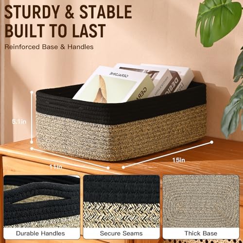 Shallow Storage Baskets for Shelves, 15x11x5.1 Inch Woven Baskets for organizing, 4 Pack Storage Bins for Nursery, Bathroom, Closet, Decorative, Black Brown