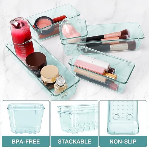 13 PCS Drawer Organizer Set, 5 Size Bathroom and kitchen organizer Trays | Bathroom and kitchen Drawer cabinet organizer Trays, Clear Storage Bins for Makeup, Jewelry, Utensils and Gadgets