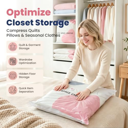 5PCS No Pump Vacuum Storage Bags, No Pump Large Vacuum Storage Compression Bags, Thick Airtight Reusable Organizer for Clothes Comforters Travel Moving Closet Storage (M)