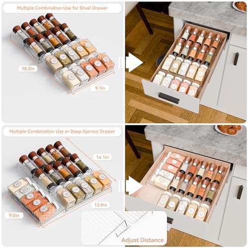 Yieach 4 Pack Adjustable Narrow Spice Rack for Drawer - Expandable From 9" to 17.7" - Acrylic Drawer Seasoning Organizer,Tiered Clear Spice Tray for Spices,Condiment,Nail Polish and Jar Organization