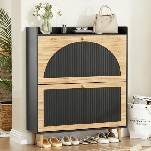 Shoe Storage Cabinet with 2 Flip Drawers (Black and Wood, 2 Flip Drawers)