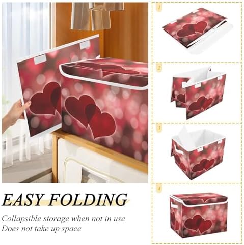 senya Valentines Baskets Collapsible Storage Bins with Lids, Hearts Bokeh Effect Storage Boxes Clothes Baskets for Organizing