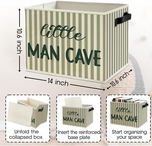 Little Man Cave Boys Storage Bins Box with Handles, Green Stripe Boho Collapsible Basket Organizer for Kids Boys Playroom Nursery Room Bedroom Bathroom Books Clothes