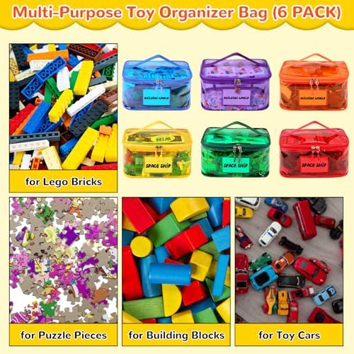 Tesuko 6 Pack Clear Toy Storage Bag with Name Tag& Manual Pocket, Waterproof Transparent PVC Toy Organizer Case for Lego Bricks, Board Games, Building Blocks, Puzzles (Large Capacity, Full Colourful)