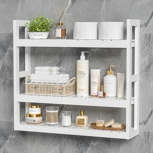 Domax Bathroom Shelves Over Toilet Storage - 3 Tier Wall Mounted Bamboo Bathroom Shelf Organizer Multifunctional Adjustable Layer Free Standing Utility Shelves for Bathroom Living Room Kitchen, White