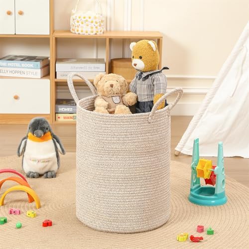 80L Large Woven Laundry Basket Hamper, 100% Natural Cotton Rope, Handwoven & Durable, Storage for Blankets, Toys, Clothes, Decorative Nursery Hamper for Living Room, Baby Room, Bedroom (Brown)